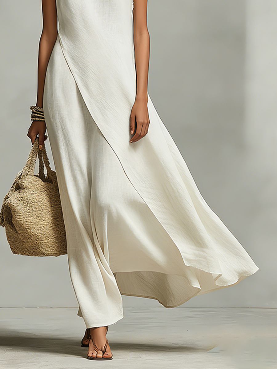 Ivory Linen Sleeveless Dress with Asymmetric Hem - Casual Women's Fashion