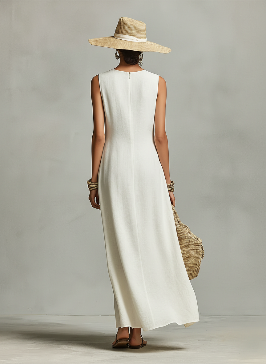 Ivory Linen Sleeveless Dress with Asymmetric Hem - Casual Women's Fashion