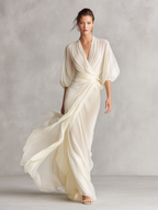 Ivory Sheer Chiffon Maxi Wrap Dress with Puff Sleeves for Elegant Occasions