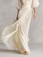 Ivory Sheer Chiffon Maxi Wrap Dress with Puff Sleeves for Elegant Occasions