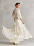 Ivory Sheer Chiffon Maxi Wrap Dress with Puff Sleeves for Elegant Occasions