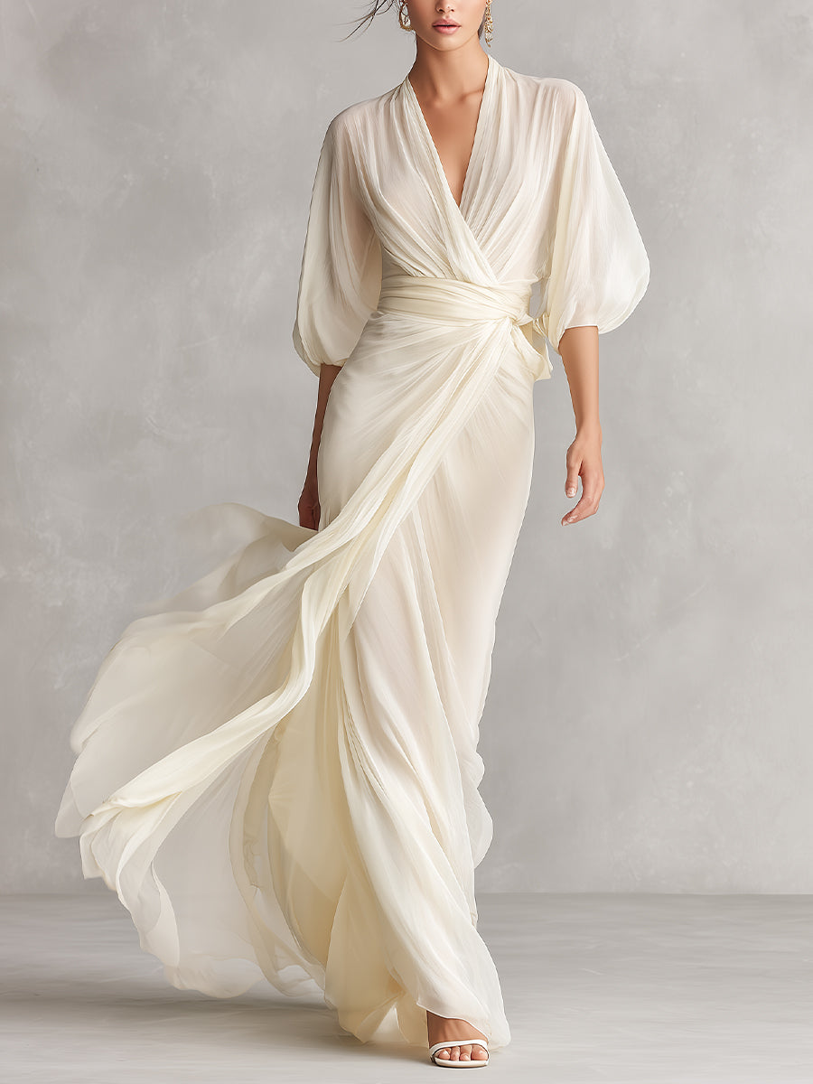 Ivory Sheer Chiffon Maxi Wrap Dress with Puff Sleeves for Elegant Occasions