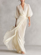 Ivory Sheer Chiffon Maxi Wrap Dress with Puff Sleeves for Elegant Occasions