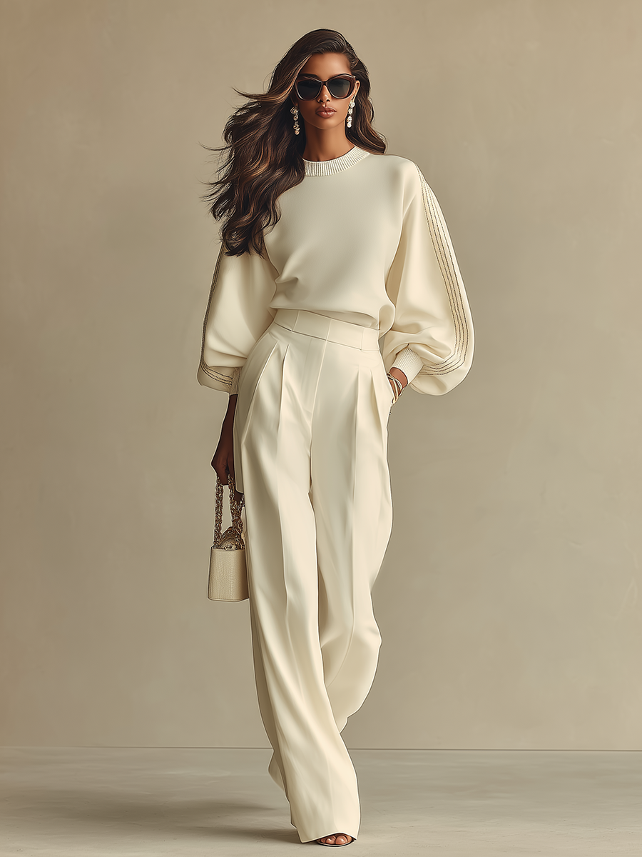 Ivory Textured Women's Set with Ribbed Crew Neck & High-Waisted Bottoms