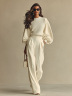 Ivory Textured Women's Set with Ribbed Crew Neck & High-Waisted Bottoms