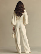 Ivory Textured Women's Set with Ribbed Crew Neck & High-Waisted Bottoms