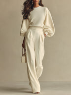 Ivory Textured Women's Set with Ribbed Crew Neck & High-Waisted Bottoms