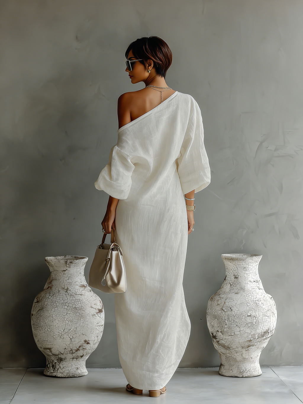 Ivory White Cotton-Linen Blend One-Shoulder Elegant Dress for Women