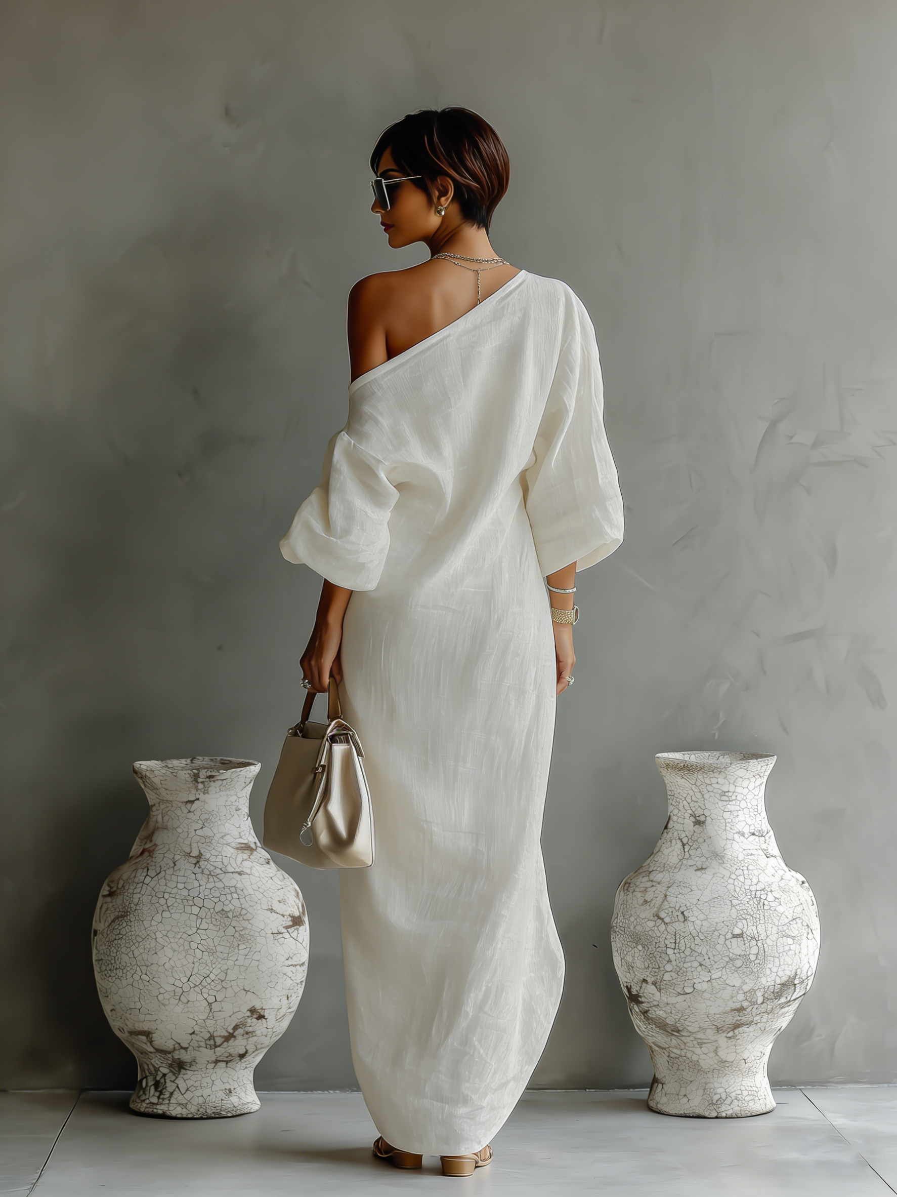 Ivory White Cotton-Linen Blend One-Shoulder Elegant Dress for Women