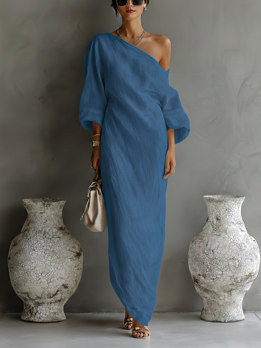 Ivory White Cotton-Linen Blend One-Shoulder Elegant Dress for Women