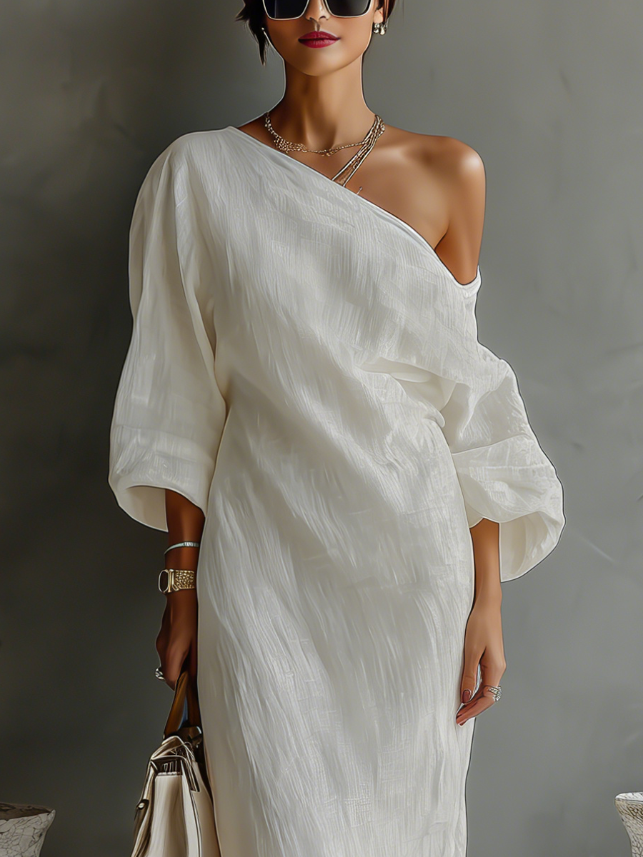 Ivory White Cotton-Linen Blend One-Shoulder Elegant Dress for Women