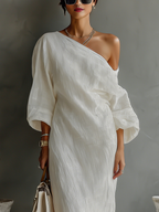 Ivory White Cotton-Linen Blend One-Shoulder Elegant Dress for Women