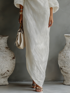 Ivory White Cotton-Linen Blend One-Shoulder Elegant Dress for Women