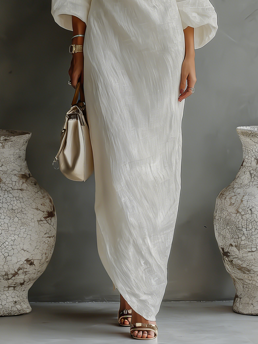 Ivory White Cotton-Linen Blend One-Shoulder Elegant Dress for Women