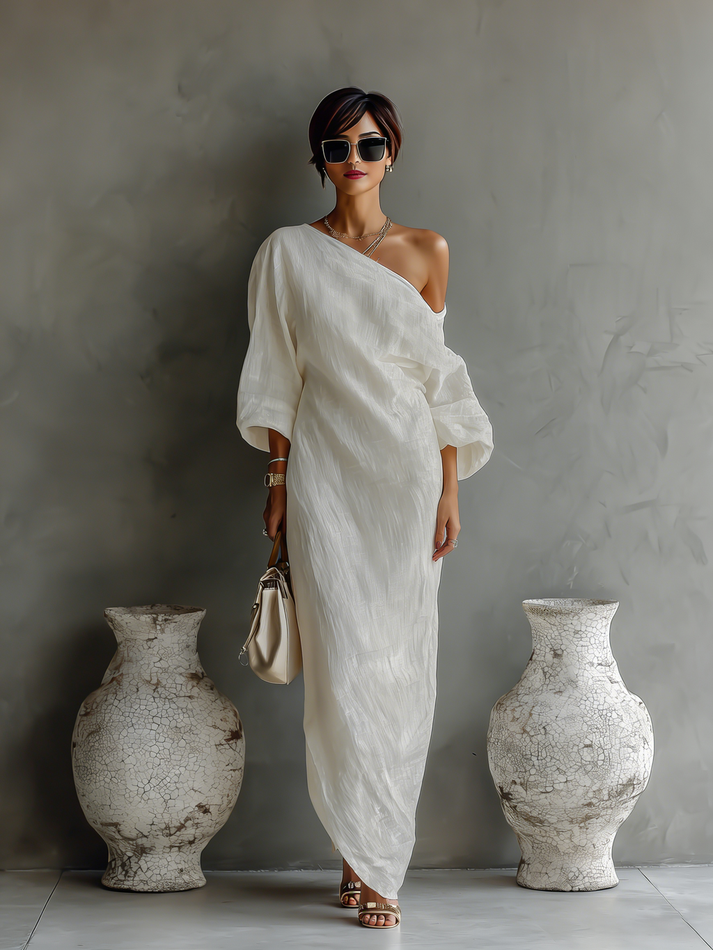 Ivory White Cotton-Linen Blend One-Shoulder Elegant Dress for Women