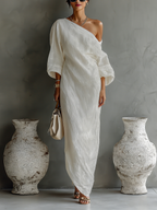 Ivory White Cotton-Linen Blend One-Shoulder Elegant Dress for Women