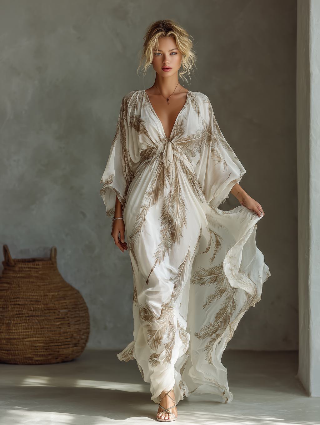 Ivory and Taupe Chiffon Maxi Dress with Twist Front and Dolman Sleeves