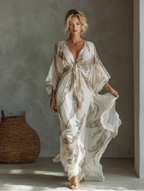 Ivory and Taupe Chiffon Maxi Dress with Twist Front and Dolman Sleeves
