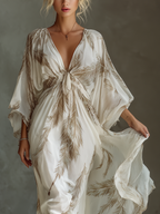 Ivory and Taupe Chiffon Maxi Dress with Twist Front and Dolman Sleeves