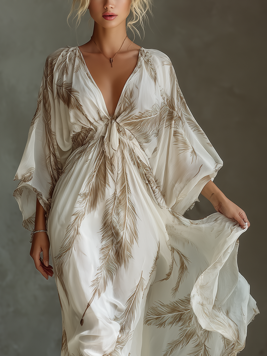 Ivory and Taupe Chiffon Maxi Dress with Twist Front and Dolman Sleeves