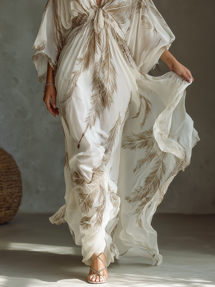 Ivory and Taupe Chiffon Maxi Dress with Twist Front and Dolman Sleeves