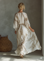 Ivory and Taupe Chiffon Maxi Dress with Twist Front and Dolman Sleeves