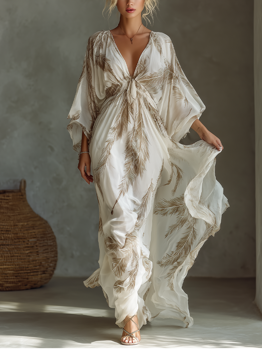 Ivory and Taupe Chiffon Maxi Dress with Twist Front and Dolman Sleeves