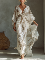 Ivory and Taupe Chiffon Maxi Dress with Twist Front and Dolman Sleeves