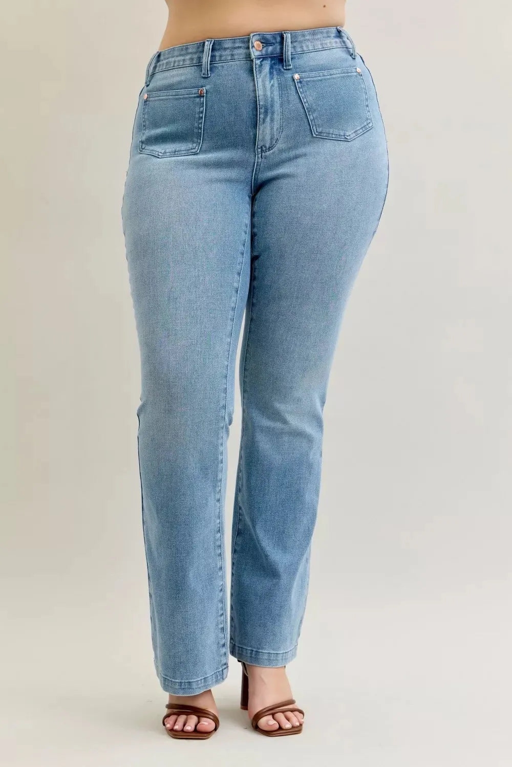 Judy Blue Full Size Mid Rise Bootcut Jeans with Contrast Wash & Front Patch Pockets Plus Size