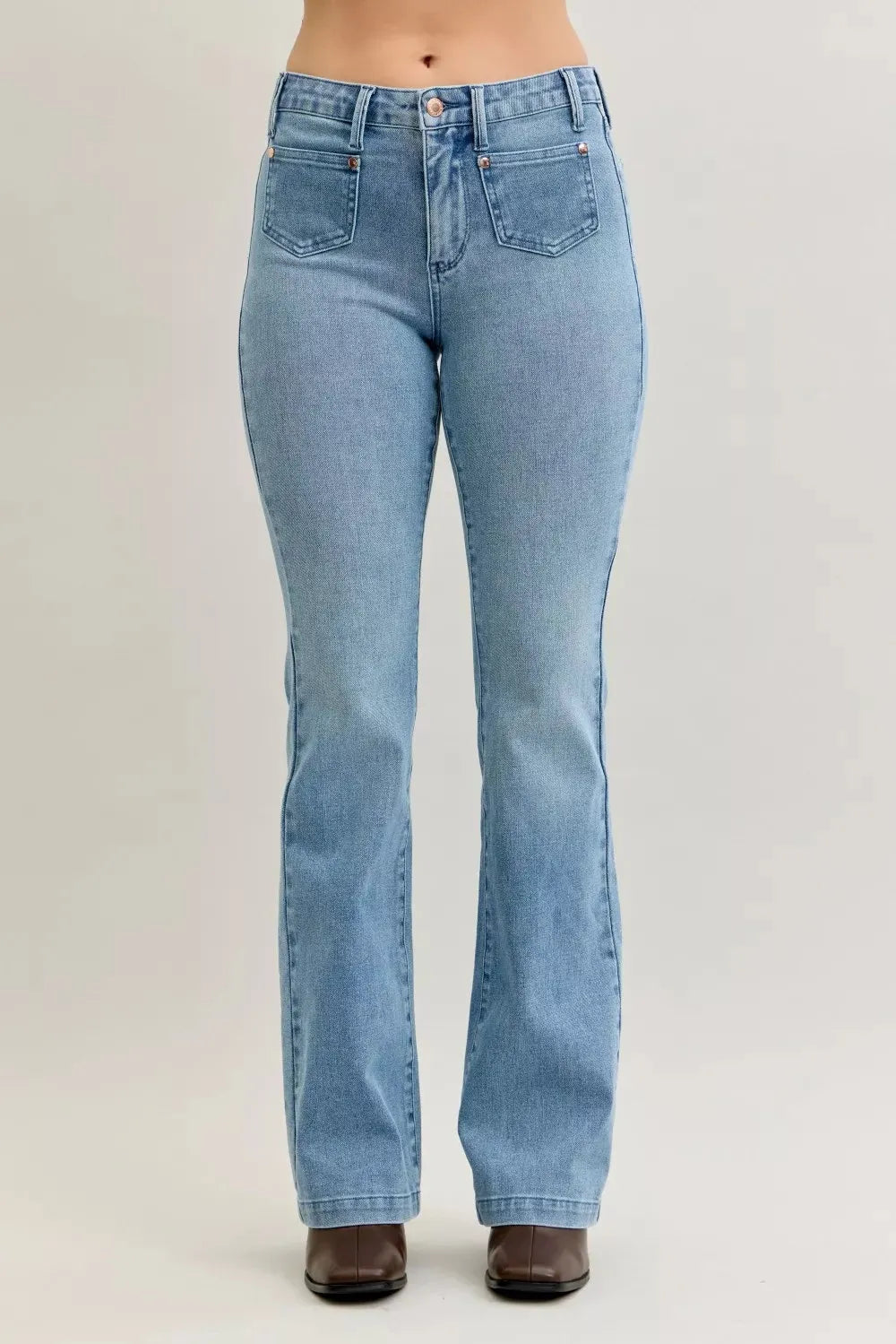 Judy Blue Full Size Mid Rise Bootcut Jeans with Contrast Wash & Front Patch Pockets Plus Size