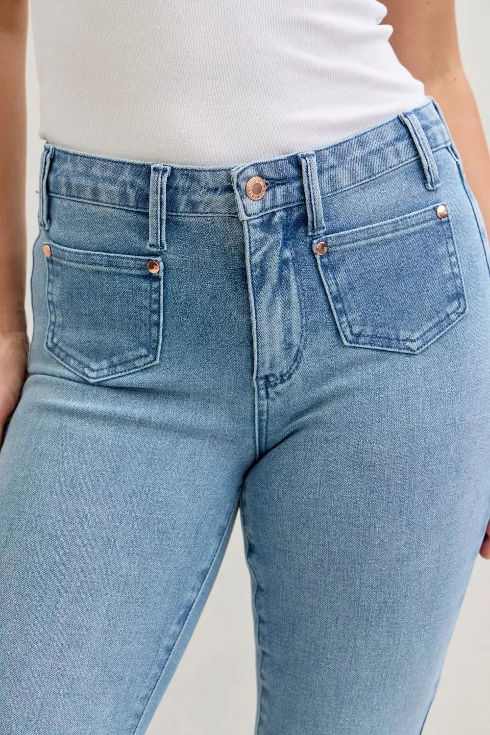 Judy Blue Full Size Mid Rise Bootcut Jeans with Contrast Wash & Front Patch Pockets Plus Size