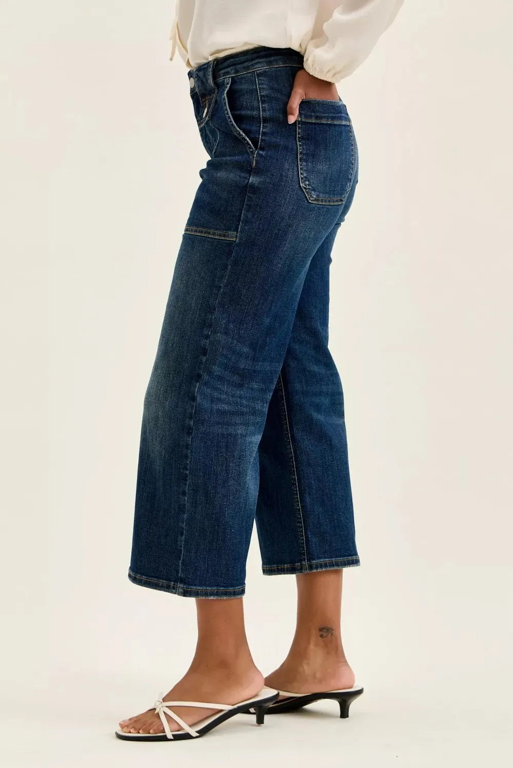 Judy Blue High Waist Wide Crop Utility Jeans with Patch Pocket