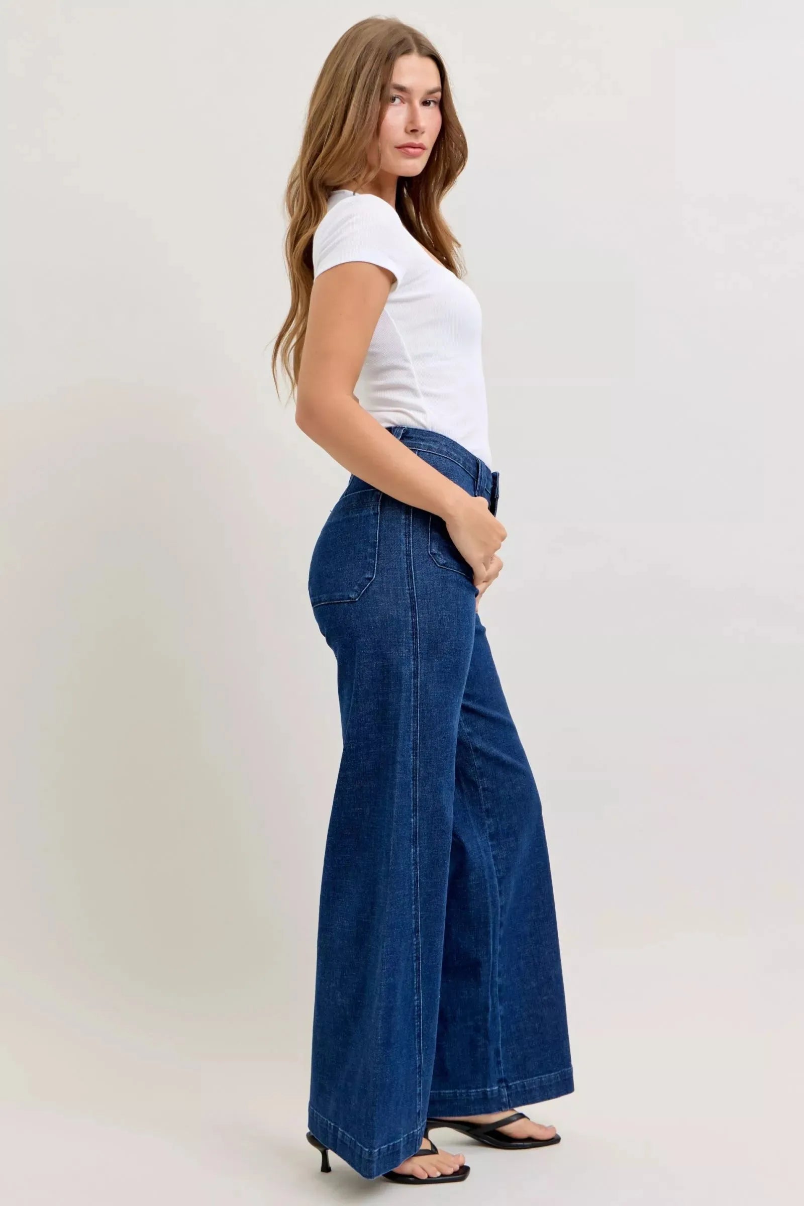 Judy Blue High-Waisted Retro Wide Jeans with Patch Pkts & Twisted Seams