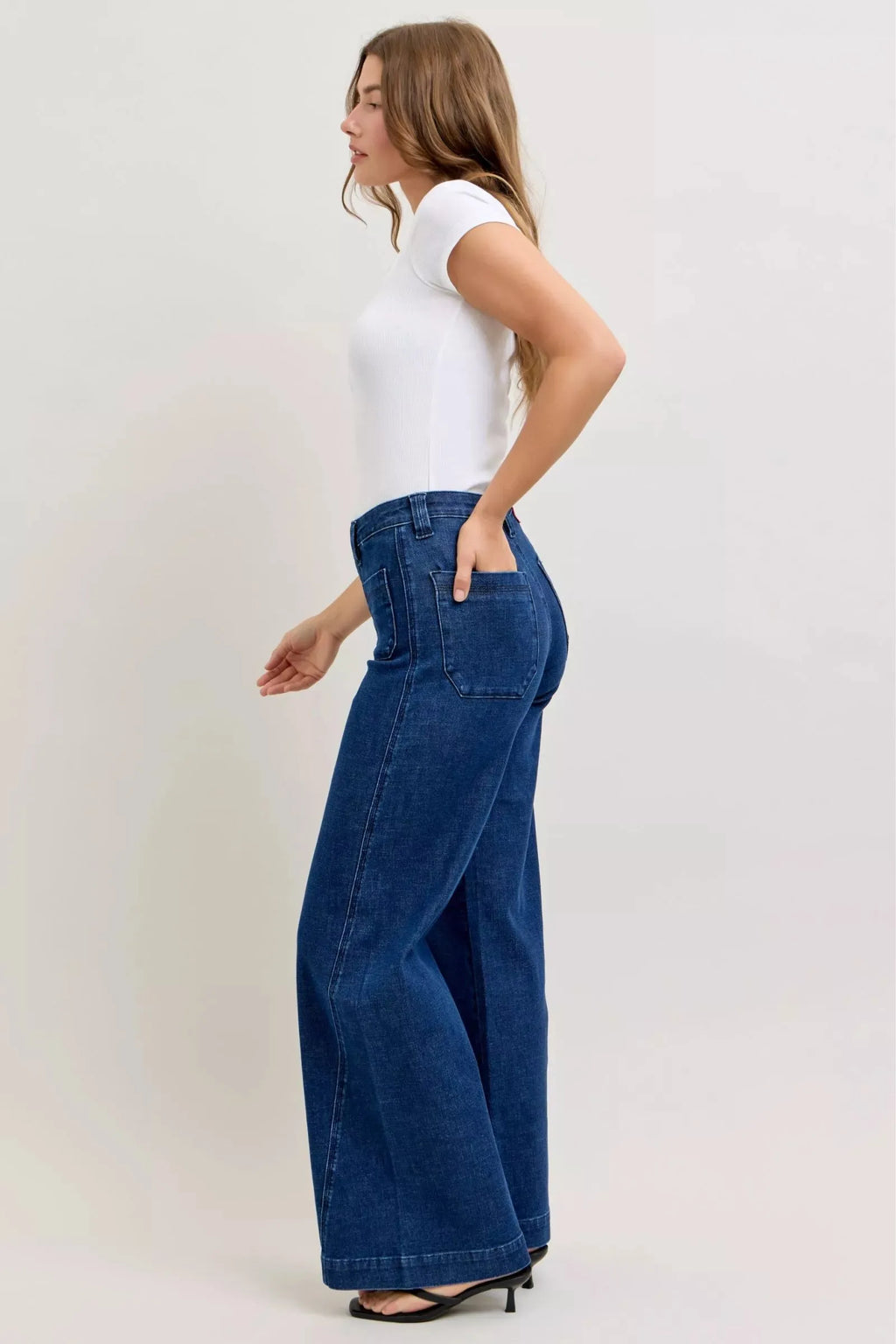 Judy Blue High-Waisted Retro Wide Jeans with Patch Pkts & Twisted Seams