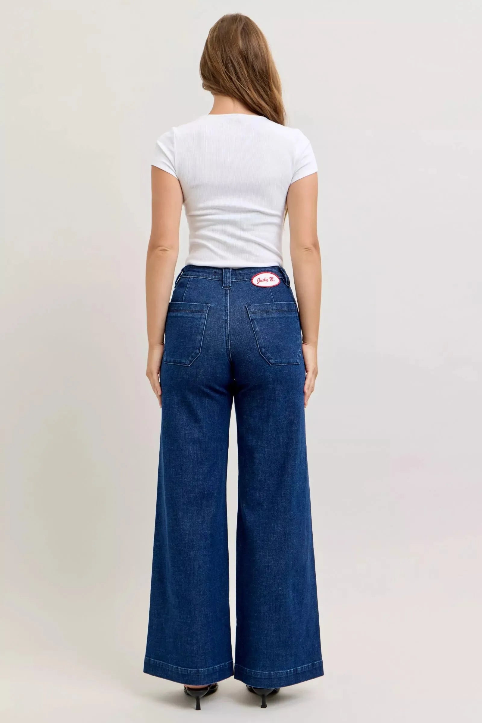 Judy Blue High-Waisted Retro Wide Jeans with Patch Pkts & Twisted Seams