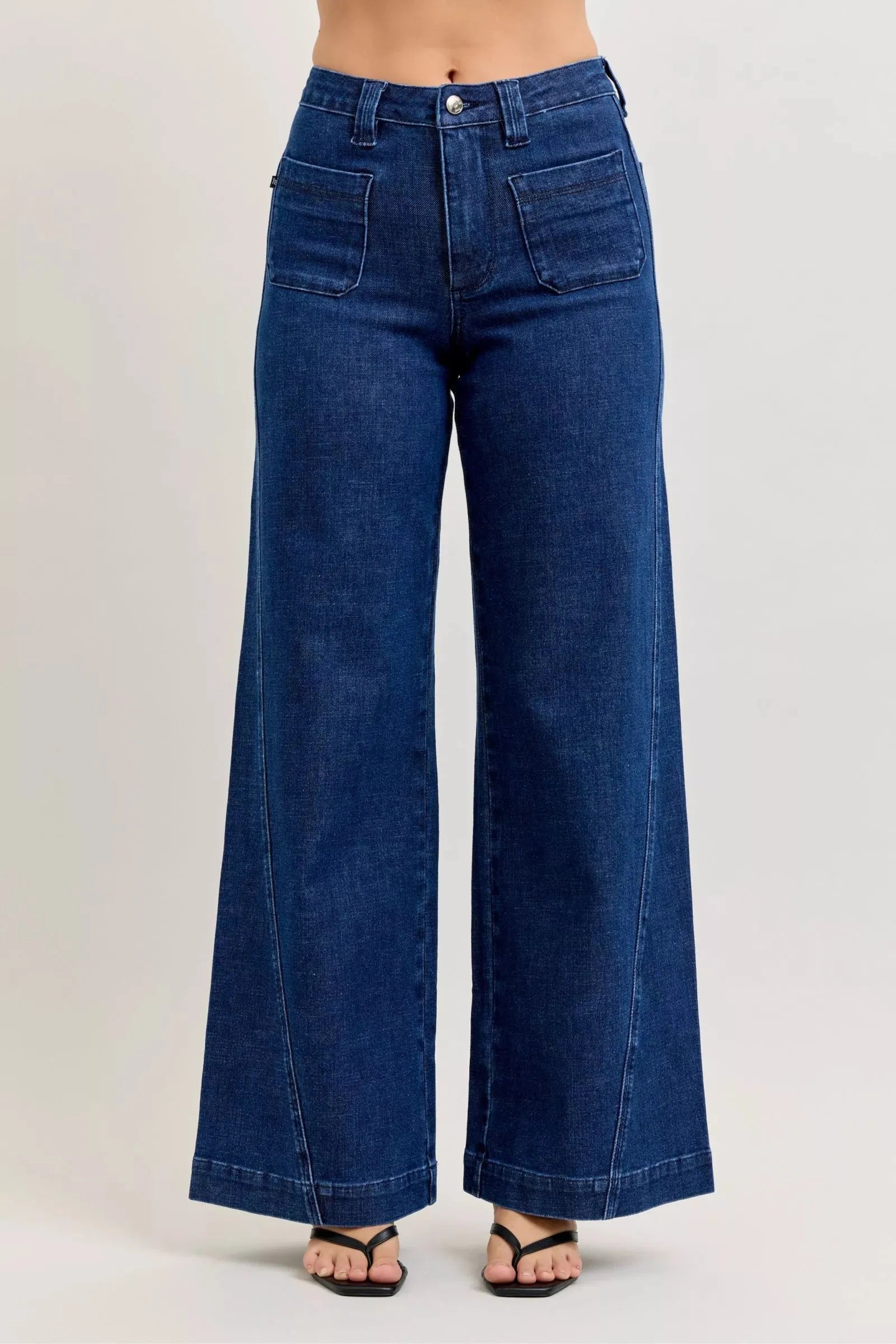 Judy Blue High-Waisted Retro Wide Jeans with Patch Pkts & Twisted Seams