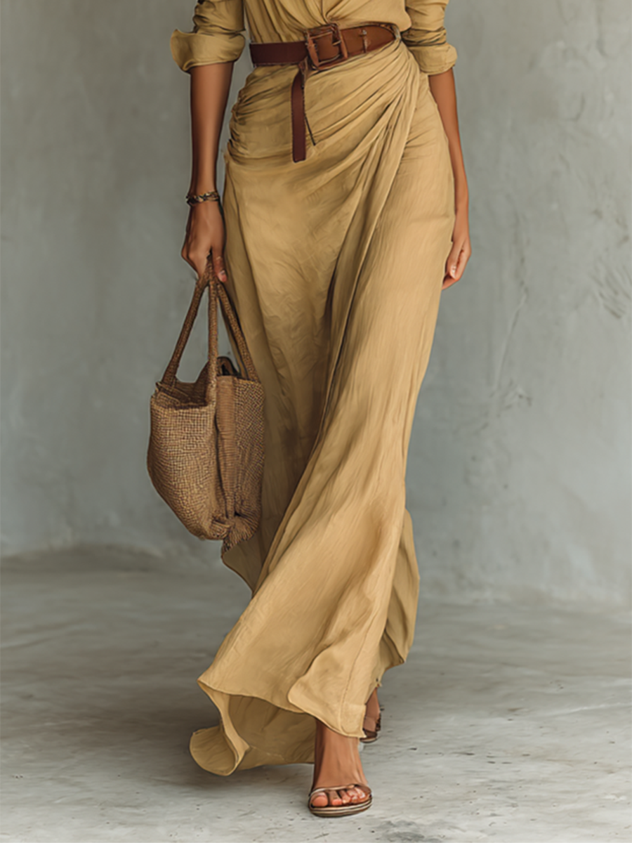 Lapel Maxi Dress for Women - Single Breasted, Long Sleeve, Belted Design