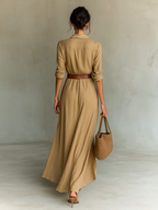 Lapel Maxi Dress for Women - Single Breasted, Long Sleeve, Belted Design