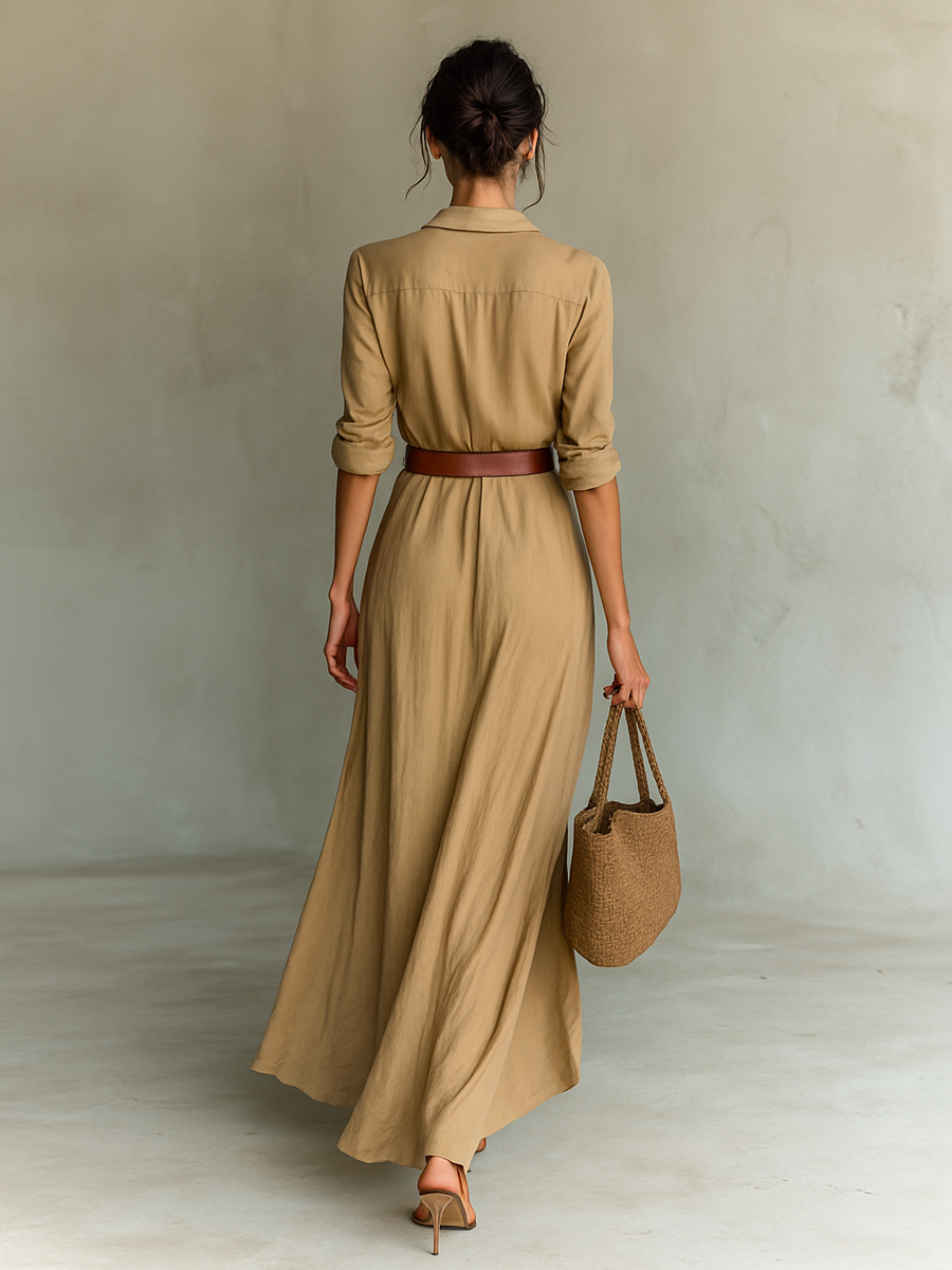 Lapel Maxi Dress for Women - Single Breasted, Long Sleeve, Belted Design