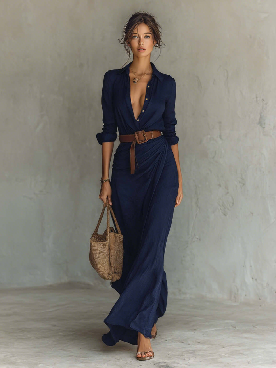 Lapel Maxi Dress for Women - Single Breasted, Long Sleeve, Belted Design