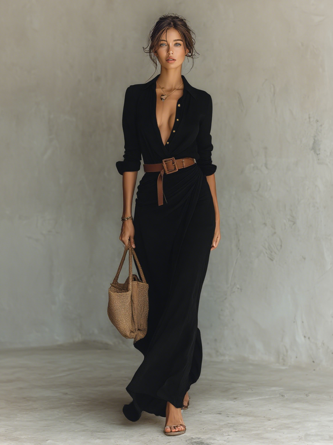 Lapel Maxi Dress for Women - Single Breasted, Long Sleeve, Belted Design
