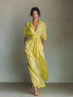 Lemon Yellow Cotton Linen Maxi Shirt Dress with Tie Waist and Half Sleeves