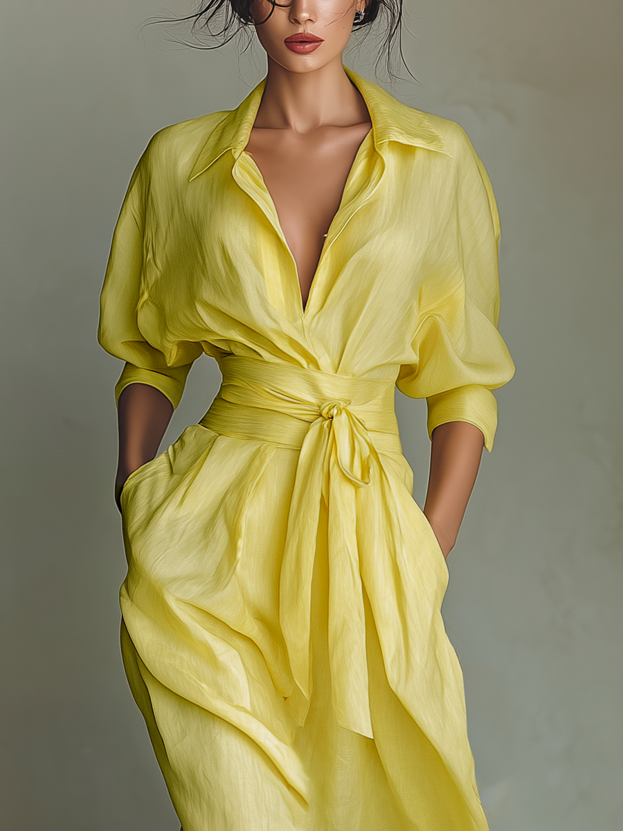 Lemon Yellow Cotton Linen Maxi Shirt Dress with Tie Waist and Half Sleeves