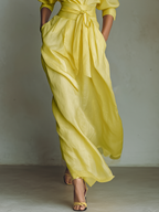 Lemon Yellow Cotton Linen Maxi Shirt Dress with Tie Waist and Half Sleeves