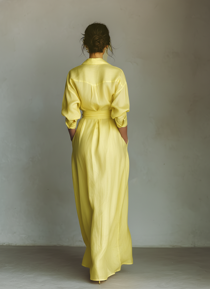 Lemon Yellow Cotton Linen Maxi Shirt Dress with Tie Waist and Half Sleeves