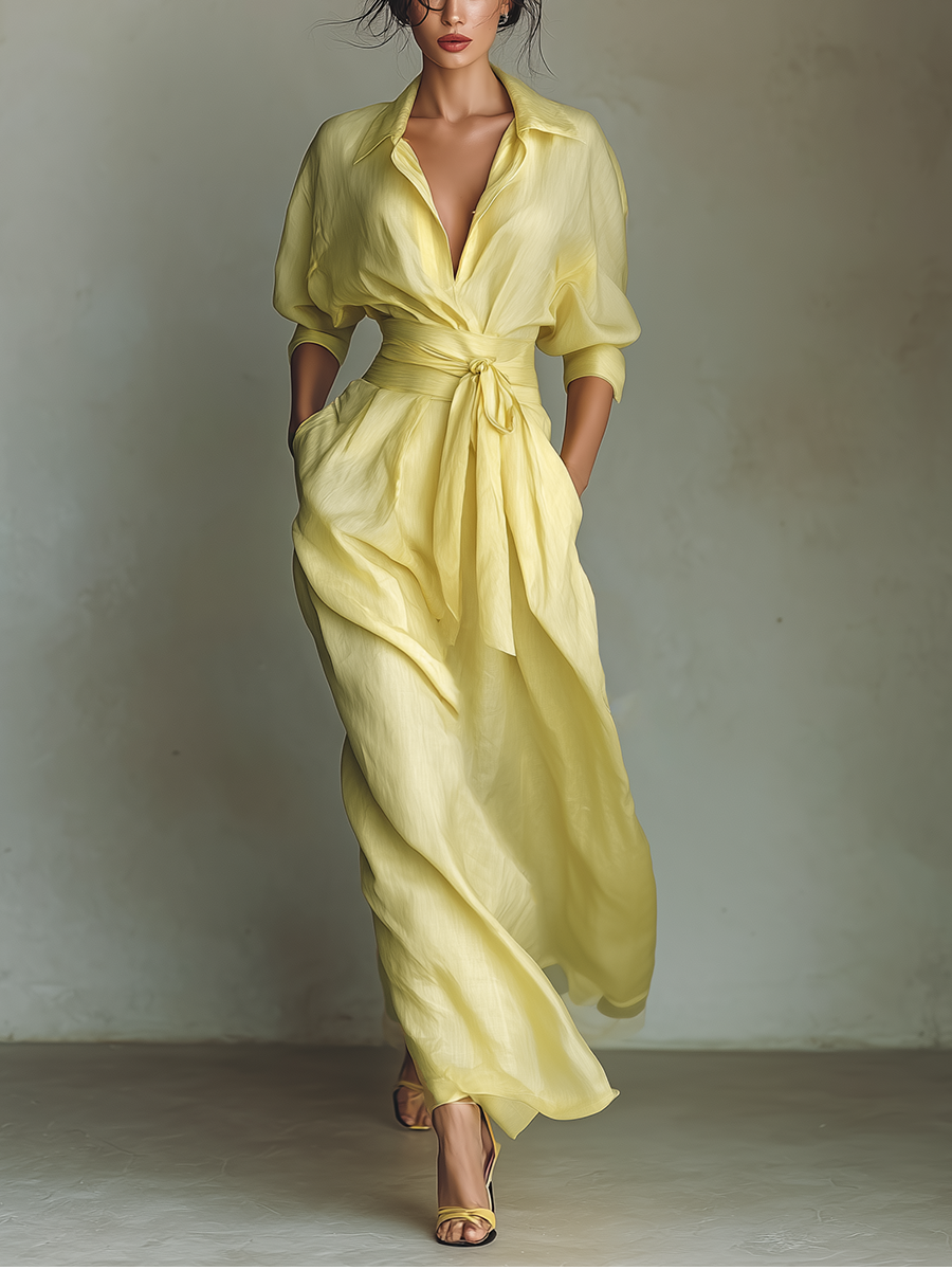 Lemon Yellow Cotton Linen Maxi Shirt Dress with Tie Waist and Half Sleeves