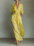 Lemon Yellow Cotton Linen Maxi Shirt Dress with Tie Waist and Half Sleeves