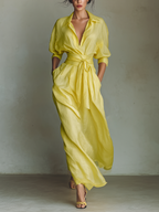 Lemon Yellow Cotton Linen Maxi Shirt Dress with Tie Waist and Half Sleeves