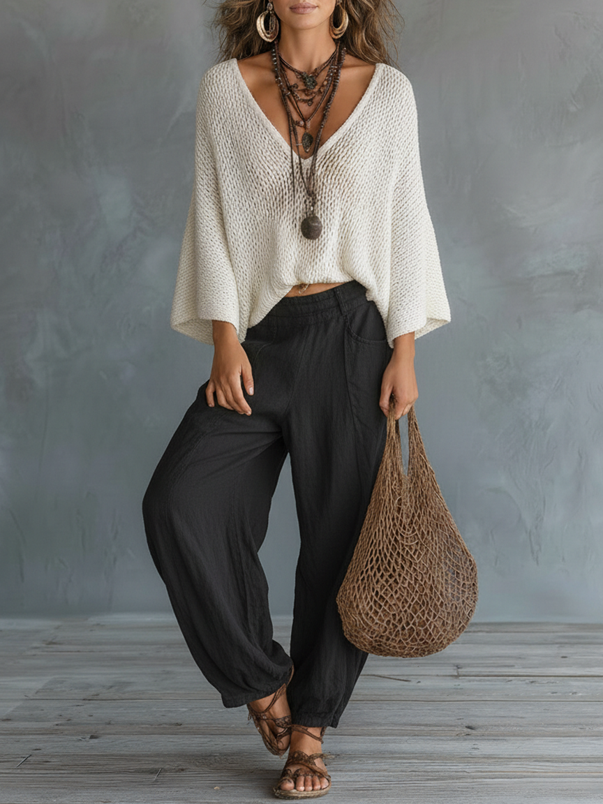 Lightweight Women's Cape-Sleeved Sweater and Harem Pants Set for Casual Wear