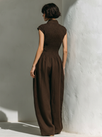 Linen-Blend Cap Sleeve Wide-Leg Jumpsuit for Women - Minimalist Modern Design